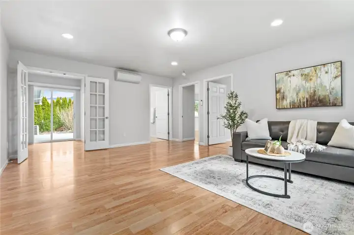 Looking back toward mud hall/walkway. 2 huge bedrooms and full bath to the right