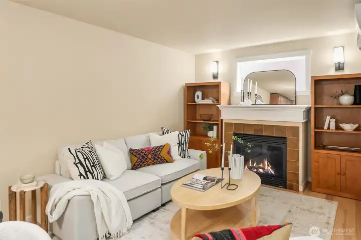 Gas fireplace with custom built shelving