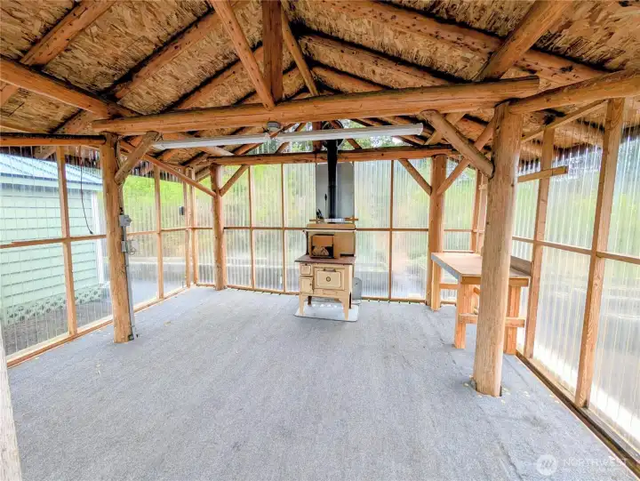 With antique wood stove