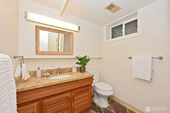 Lower level bath with shower.