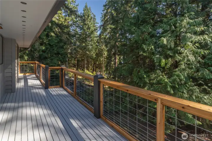 The upper level deck is freshly painted and has new wood and wire metal deck railing.