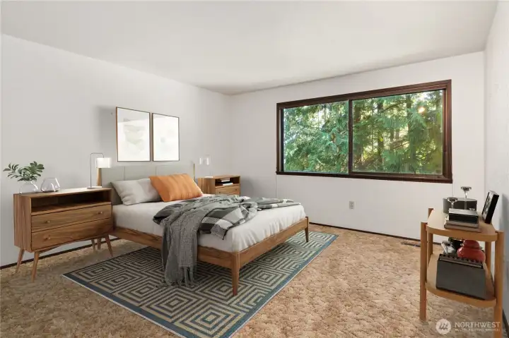 The lower level guest bedroom with AI staging.