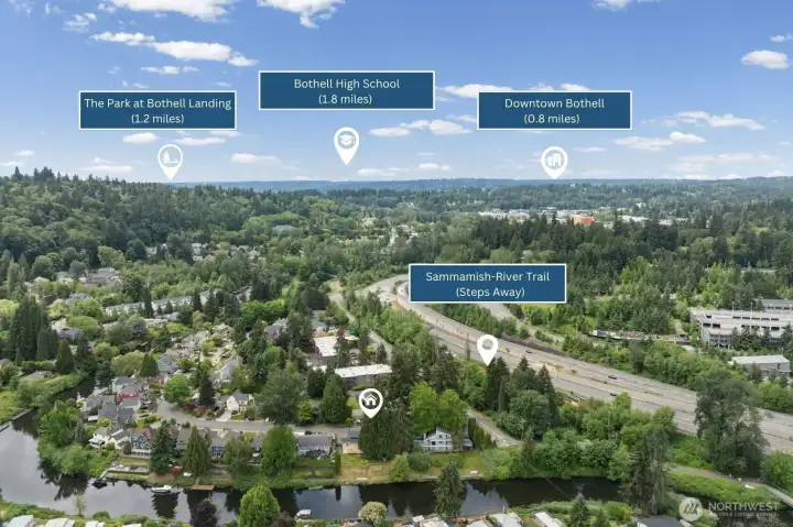 Steps from the Sammamish River Trail and just 0.8 miles to Downtown Bothell's vibrant dining and shopping scene, this home's location is as exceptional as the property itself. Bothell High School is 1.8 miles away, and the Park at Bothell Landing — perfect for weekend walks and community events — is just 1.2 miles from your front door.