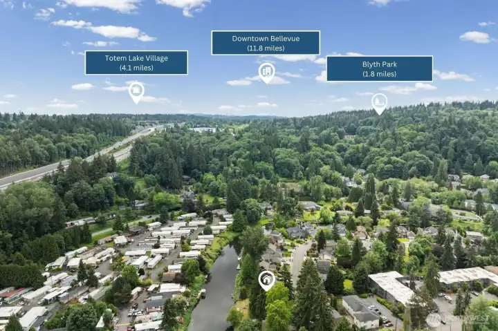 This outstanding location places you 1.8 miles from Blyth Park, 4.1 miles from Totem Lake Village shopping, and just 11.8 miles from Downtown Bellevue — connecting you to everything the Eastside has to offer. The Sammamish River corridor runs right through the neighborhood, giving you access to nature and recreation without sacrificing convenience.