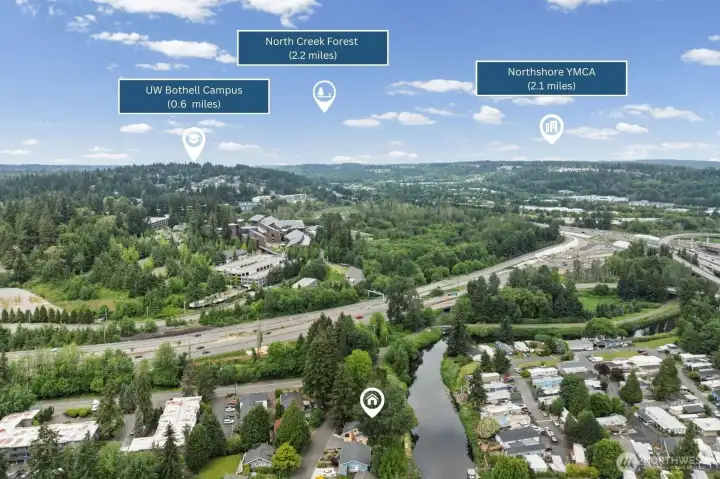 With UW Bothell Campus just 0.6 miles away, the Northshore YMCA 2.1 miles out, and North Creek Forest nature preserve 2.2 miles from home, everyday life here balances education, wellness, and the outdoors effortlessly. Quick I-405 access ties it all together for an easy commute in any direction.