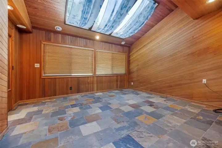 looking north into this room Window and skylights, and sauna.