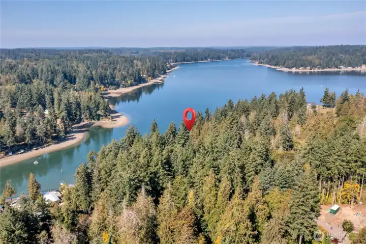 Aerial of marked house and location on Filucy Bay