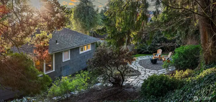 An aerial shot showing the backyard garden.