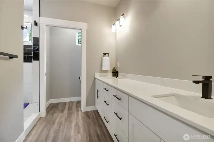 double vanity sink with full tile walk in shower. double vanity sink with full tile walk in shower.