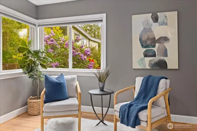 Wake up to lush green scenery and a peek into the private backyard oasis.