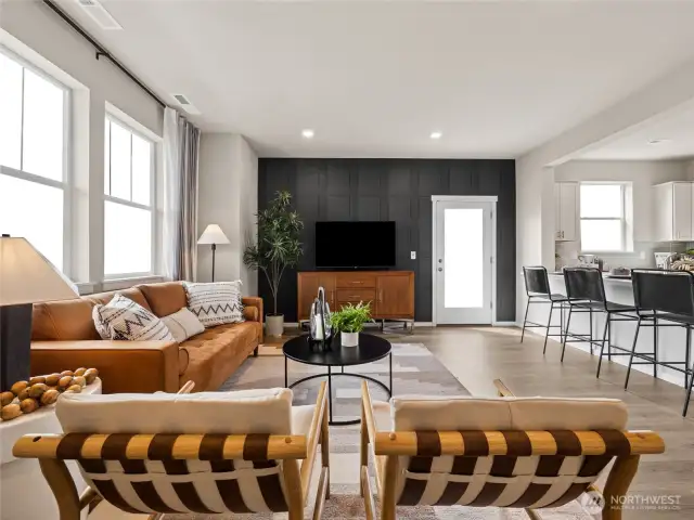 Seamless sightlines link living area to island kitchen, maximizing space, natural light and conversation. Pictures are for representational purposes only, colors and features may vary.