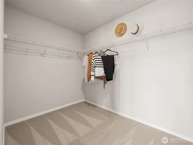 Expansive walk-in closet wraps both walls with ventilated shelving, offering abundant room for wardrobe organization. Pictures are for representational purposes only, colors and features may vary.
