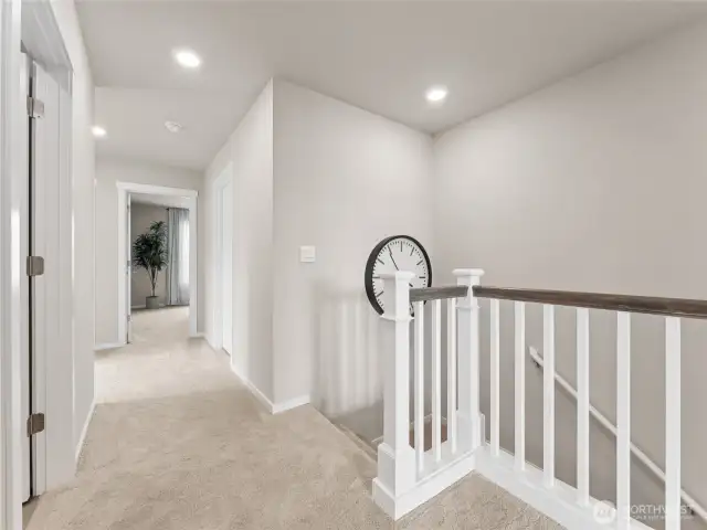 Carpeted upper landing with crisp white balustrade and recessed lighting links bedrooms and laundry for smooth daily flow. Pictures are for representational purposes only, colors and features may vary.