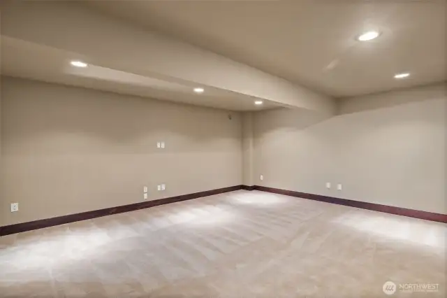 Large rec room with no windows. Would make a great theatre room, library, study area, workout area, or man/she cave.