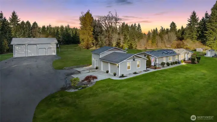 House, Detached garage and Large shop on 6 acres.