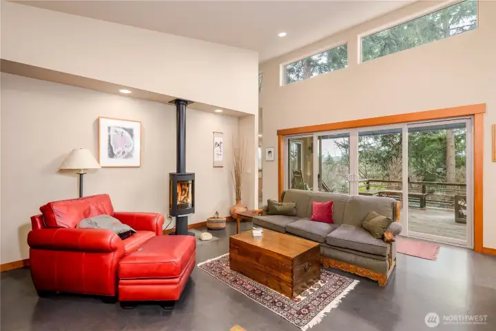 Upper windows invite in abundant natural light, creating a warmth that echoes the glow of the designer propane fireplace and highlights the room’s rich textile accents.