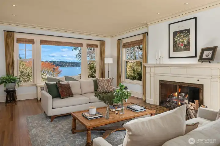 Grand fireplace, views, double pane windows and hardwood floors throughout.