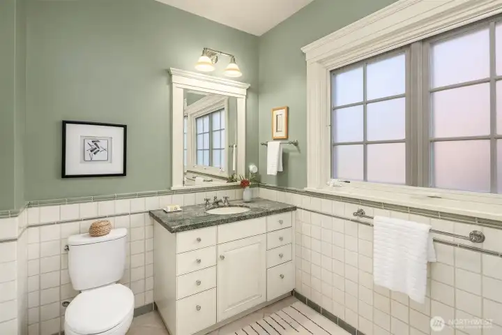 Hall bath with heated floors. Hall bath with heated floors.