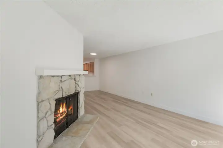 Wood-burning fireplace.
