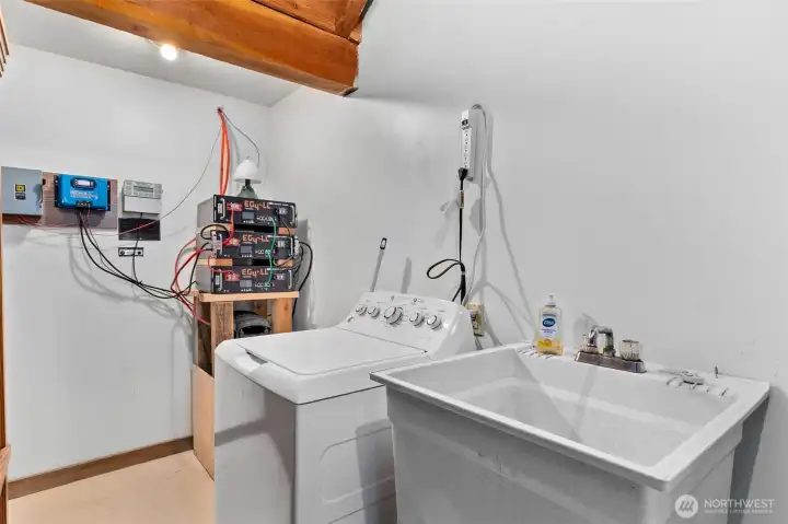 Utility Room with power source. Door to large garage with work space and storage loft..