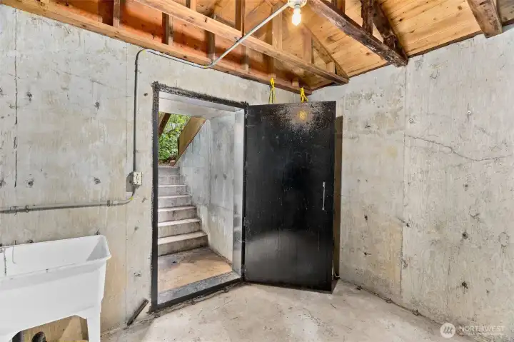 Entry door and utility sink of small cellar