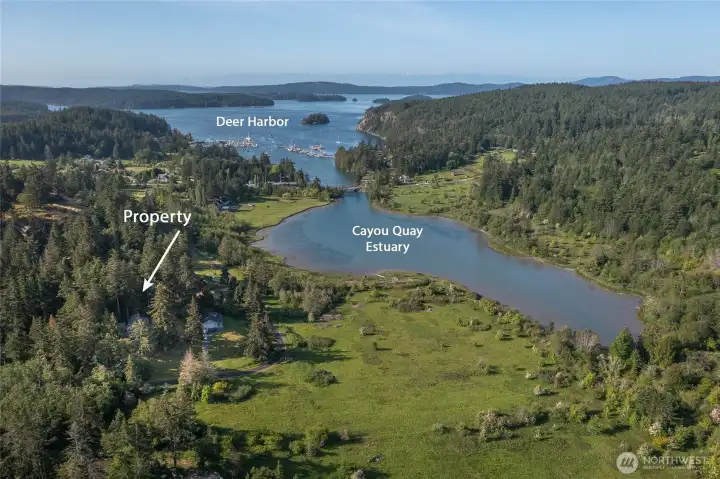 Protected Cayou Quay Estuary sits north of Deer Harbor, marina, store, kayak rentals/tours, condos, food and summer events on the dock. This area sits just south and west of this home.