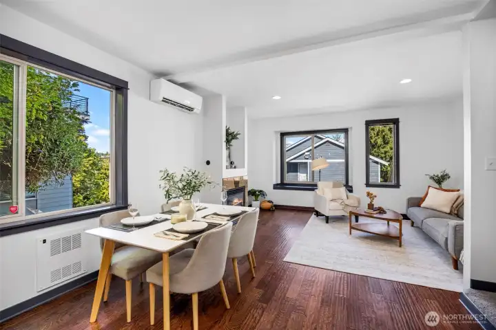 Light-filled livign space offers plenty of space for both formal dining and lounging.