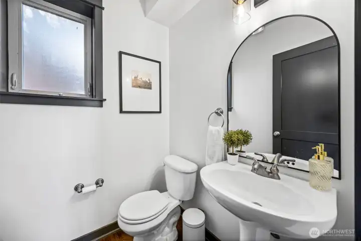 Main-floor powder room provides ideal convenience for guests.
