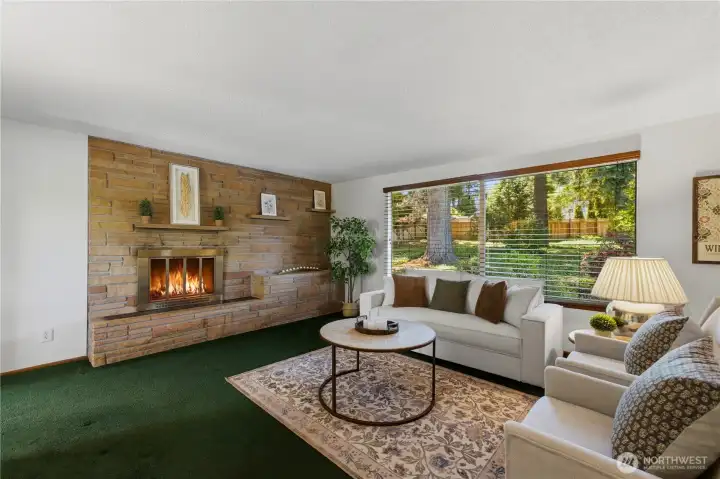 The spacious living room features a beautiful brick fireplace with built-in shelving and a cozy wood-burning fireplace. The spacious living room features a beautiful brick fireplace with built-in shelving and a cozy wood-burning fireplace.