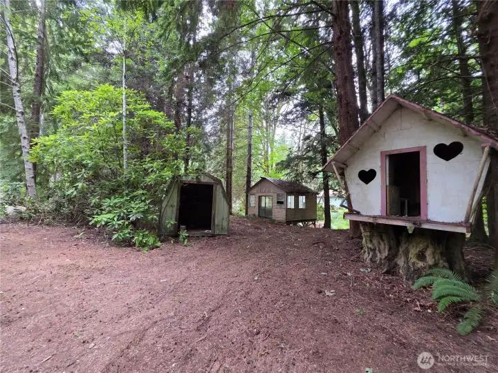 tree house, shed, and rustic camping cabin