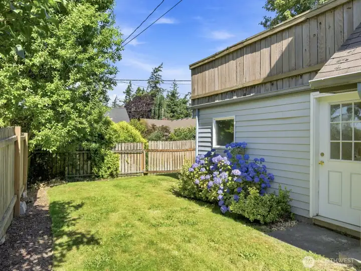 Sun-drenched yard has alley access.