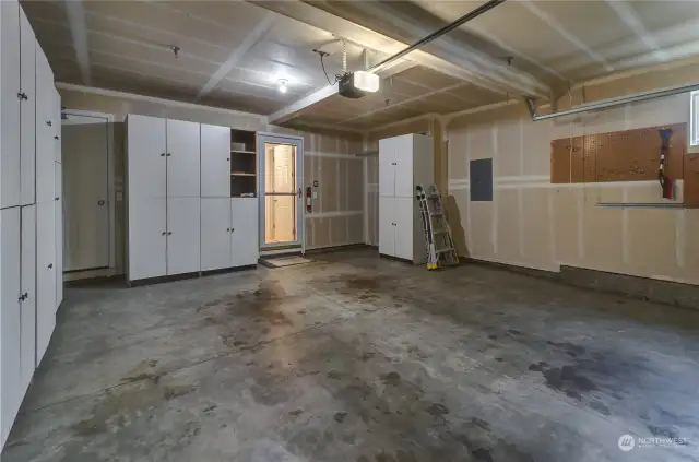 2-Car Garage has a huge amount of cabinet storage and pegboards with all the hooks for tool storage. Complete with Utility Closet for well maintained Gas Forced-Air Furnace and new Hot Water Tank.