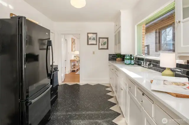 Looking from the kitchen to the dining room.