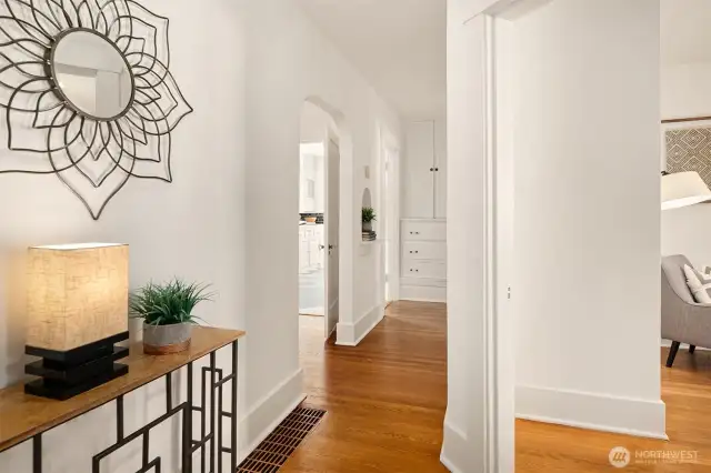 Looking from the hallway to the third bedroom , staged as an office.