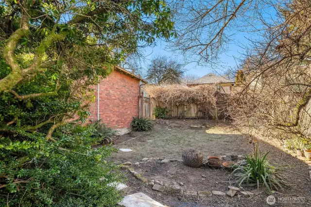 Looking from half way down the lot towards the alley. The brick wall is the wall of the garage.