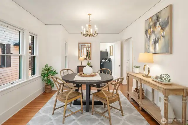 The dining room is so spacious. You could fit a much larger table here.