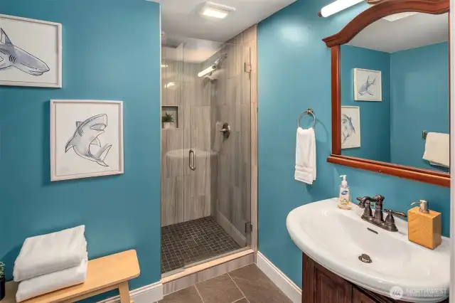 This bathroom is gorgeous and large with a beautiful walk in shower.