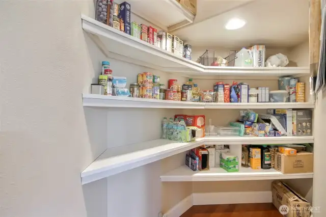 Long walk in pantry that continues around the corner.