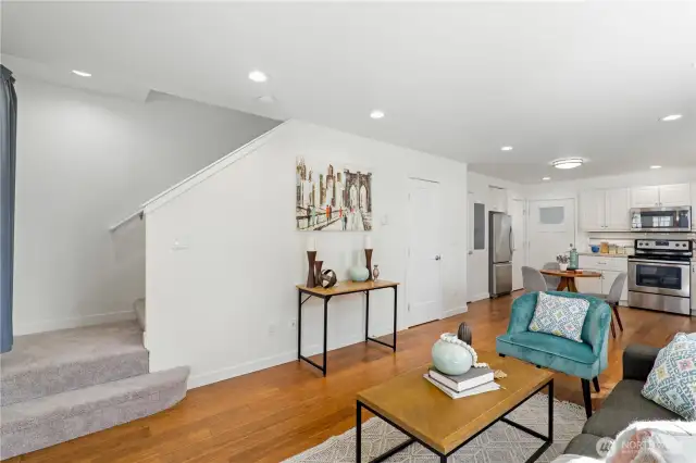 Engineered hardwood flooring and fresh interior paint sparkle in the spring sunshine.