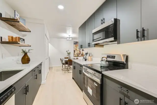 Quartz countertop throughout.