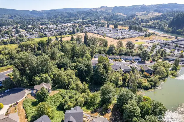 More arial views of the lake and neighborhood with the Cowlitz River in the background.