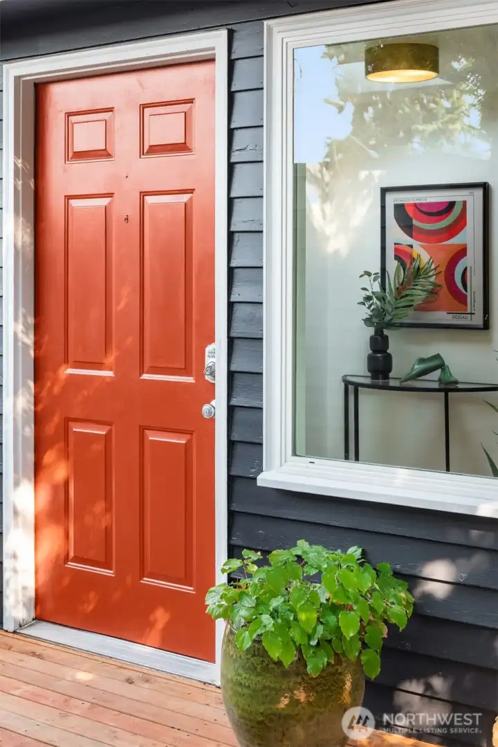 Front door detail with large window