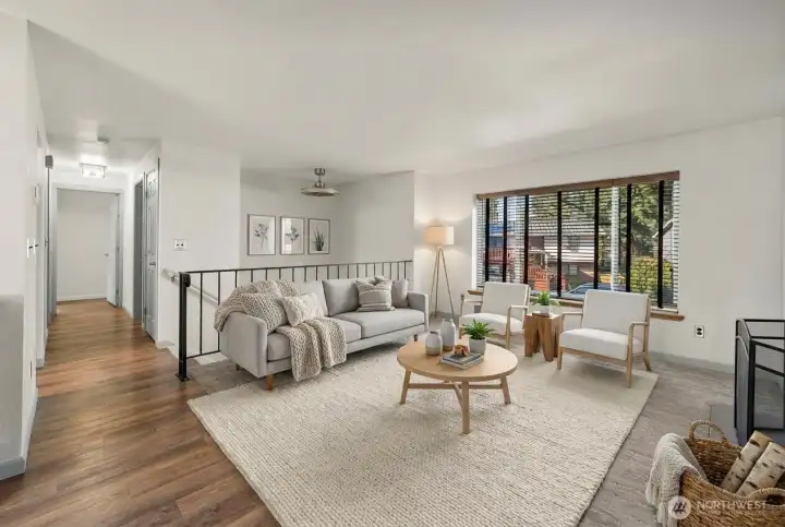 Sunlit living room is virtually staged