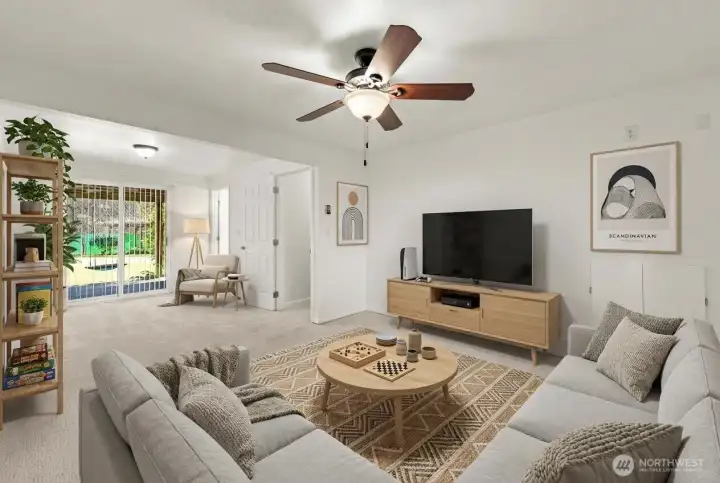 Lower-level rec room is virtually staged