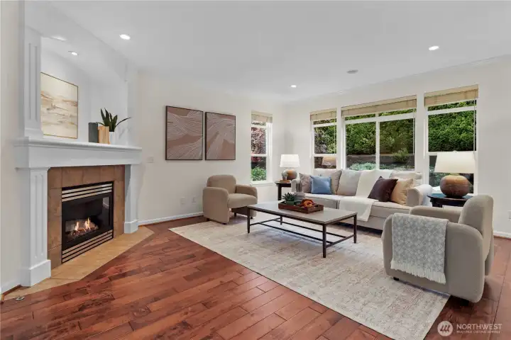 Spacious family room with a gas fireplace
