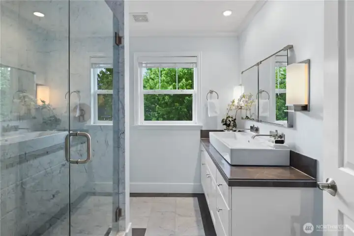 Designer touches in the upper hall bath