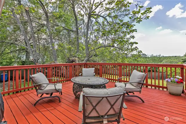 Freshly stained deck located off of the Great Room.  Beautiful view overlooking the lush back yard.