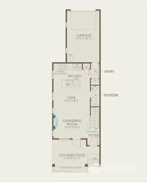 Main Level Floorplan with fireplace, Powder Bath, and open stair railing