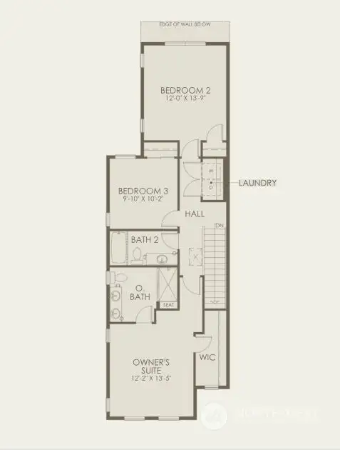 Second Level Floorplan with 3 bedrooms, 2 baths