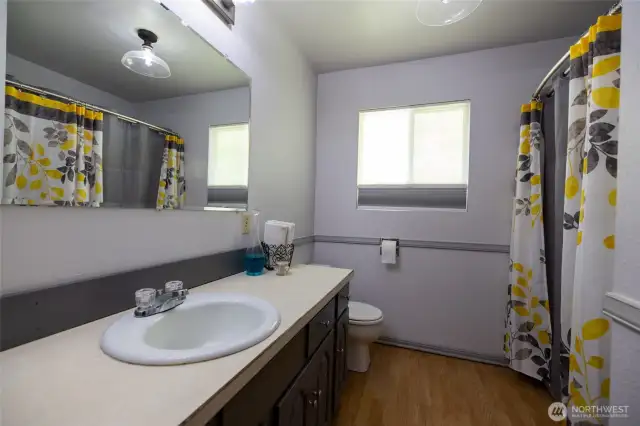 Main bathroom with tub/shower combo